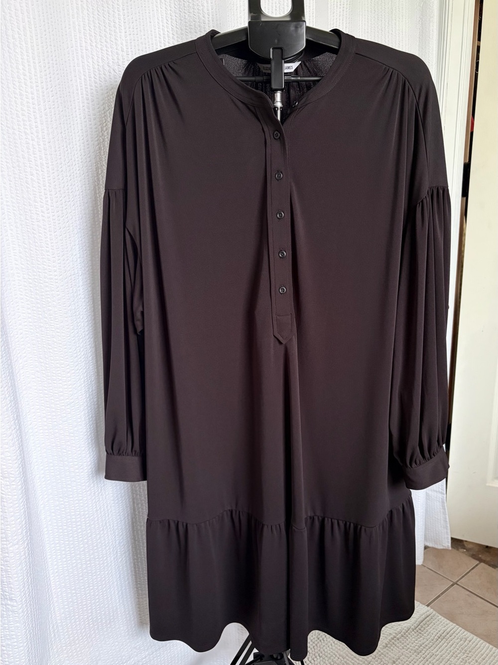 Elizabeth and James Black Long-Sleeve Tiered Button Dress